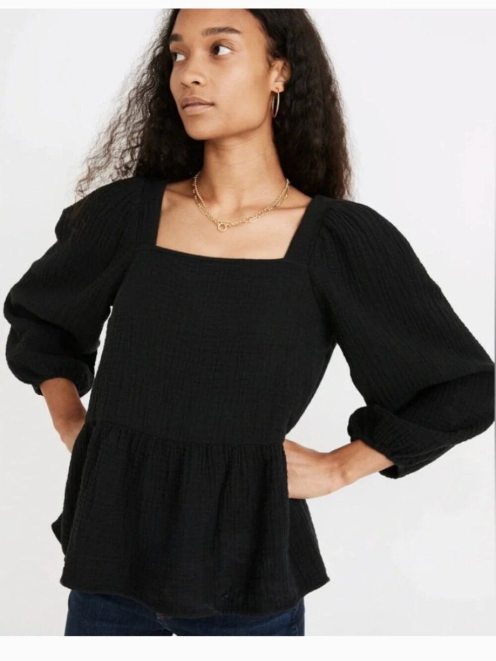 Madewell Lightspun Millbrook Puff Sleeve Peplum Gauze Top S Black